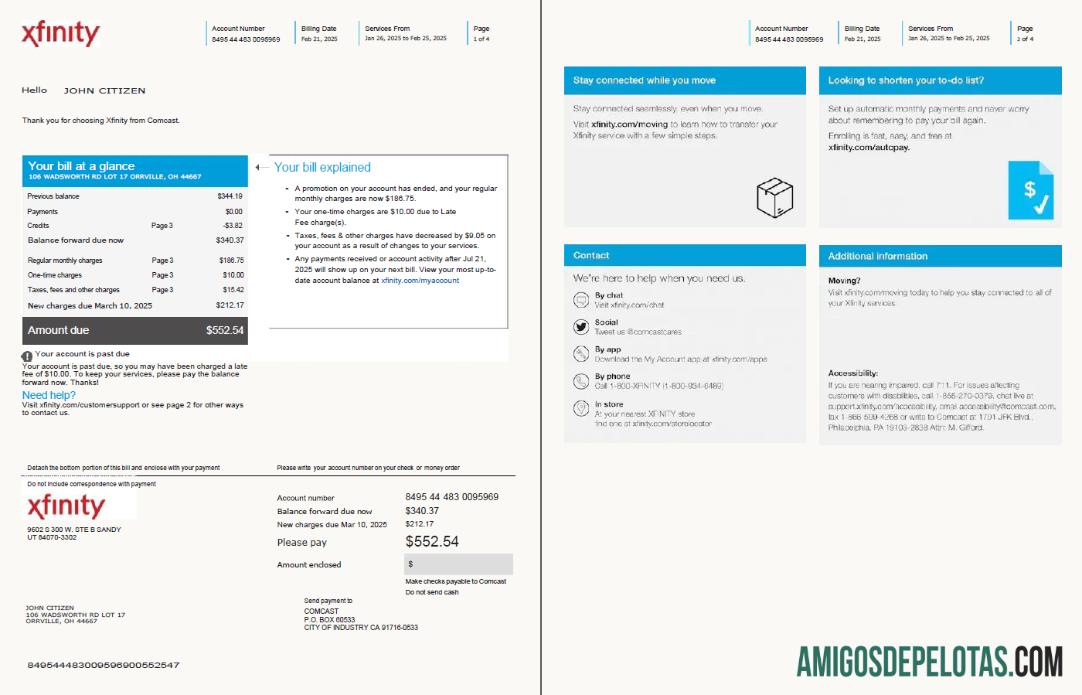 em branco Modelo de fatura de serviços públicos Xfinity dos EUA em formatos Word e PDF, 4 páginas, versão 2, 1 2 páginas
